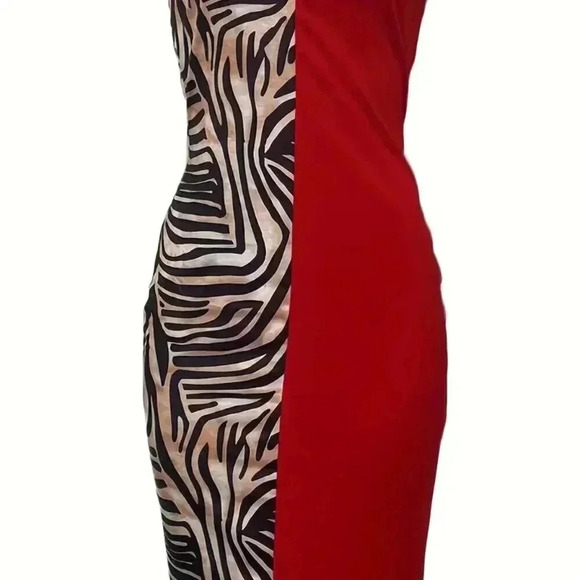 Zebra Striped Patchwork Bodycon Dress (Color: Red) - Picture 3 of 3